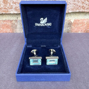 Swarovski Aqua Blue Crystal Silver Tone Cufflinks Swan Signed w/ Gift Box